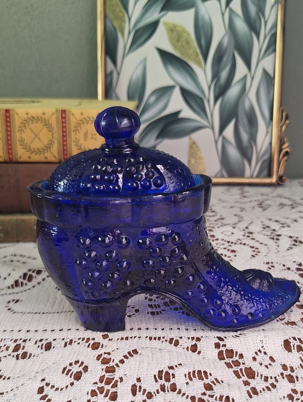 Vintage Cobalt Blue Hobnail Victorian Style High Boot Shoe Glass Dish With Lid